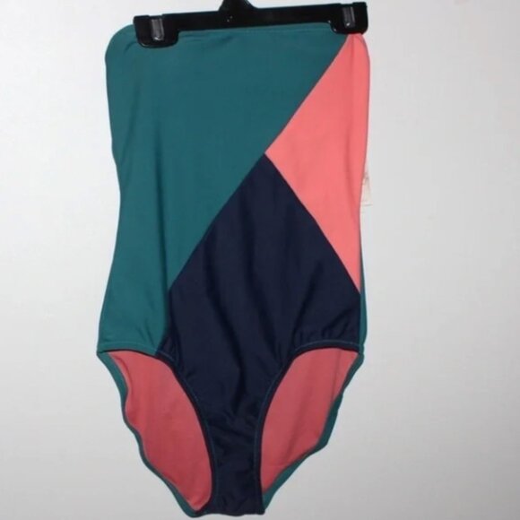 Jessica Simpson NWT Colorblock Strapless One-Piece Swimsuit Teal Coral Navy - S - Picture 2 of 8